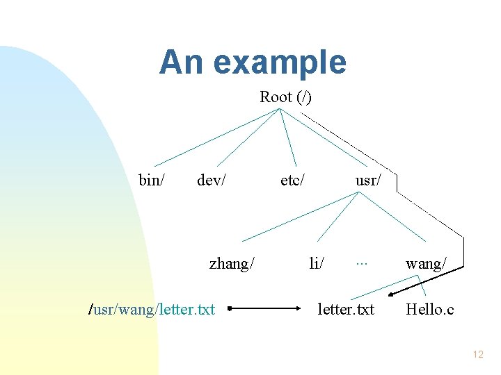 An example Root (/) bin/ dev/ zhang/ /usr/wang/letter. txt etc/ usr/ li/ . .