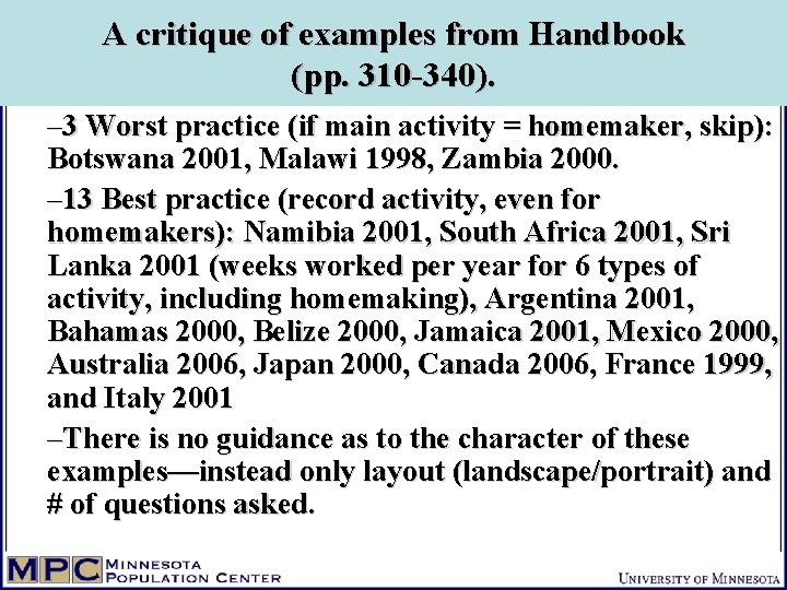 A critique of examples from Handbook (pp. 310 -340). – 3 Worst practice (if