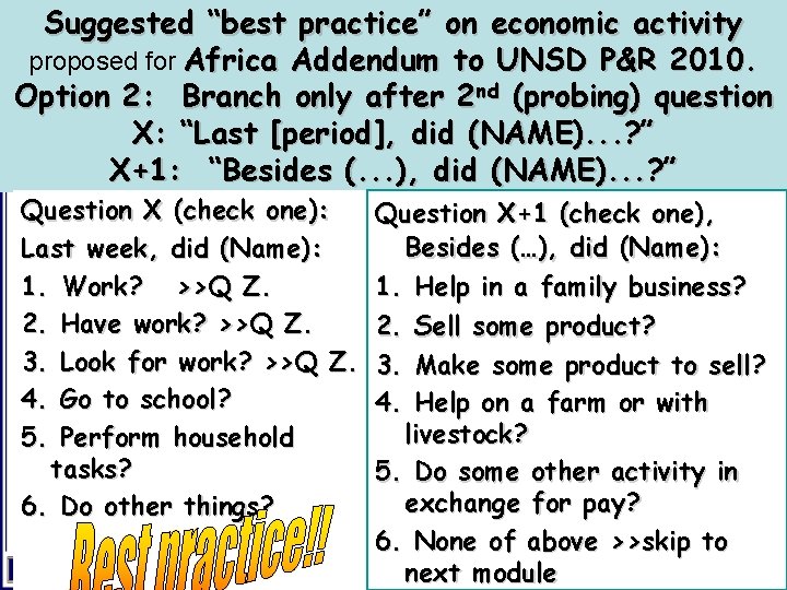 Suggested “best practice” on economic activity proposed for Africa Addendum to UNSD P&R 2010.