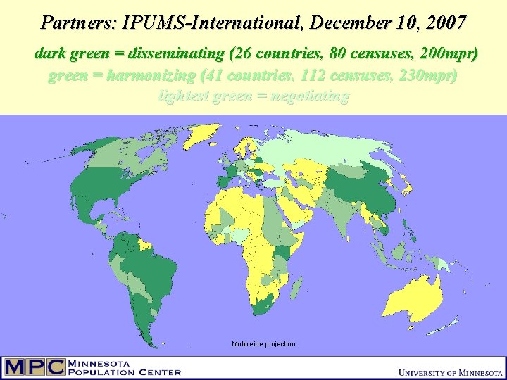 Partners: IPUMS-International, December 10, 2007 dark green = disseminating (26 countries, 80 censuses, 200