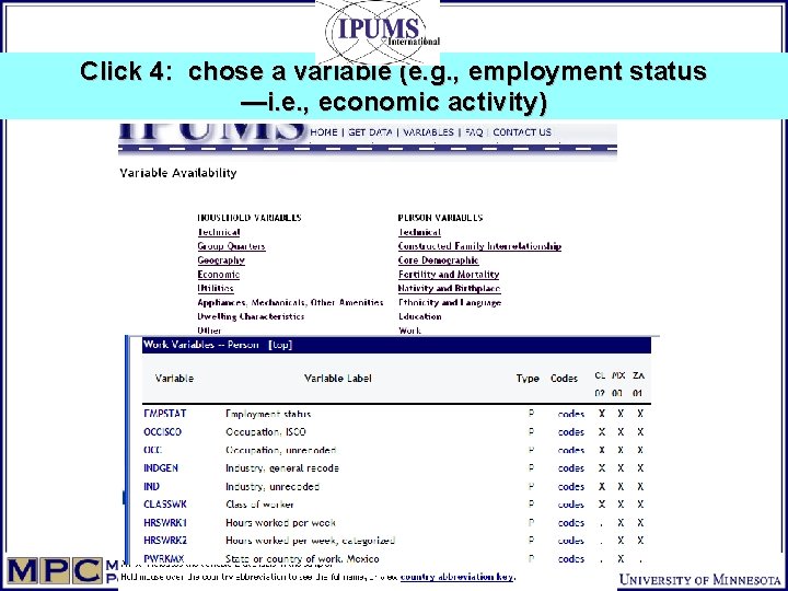 Click 4: chose a variable (e. g. , employment status —i. e. , economic