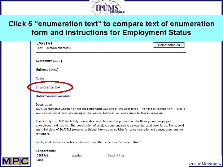 Click 5 “enumeration text” to compare text of enumeration form and instructions for Employment