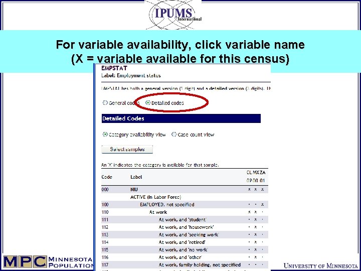 For variable availability, click variable name (X = variable available for this census) 