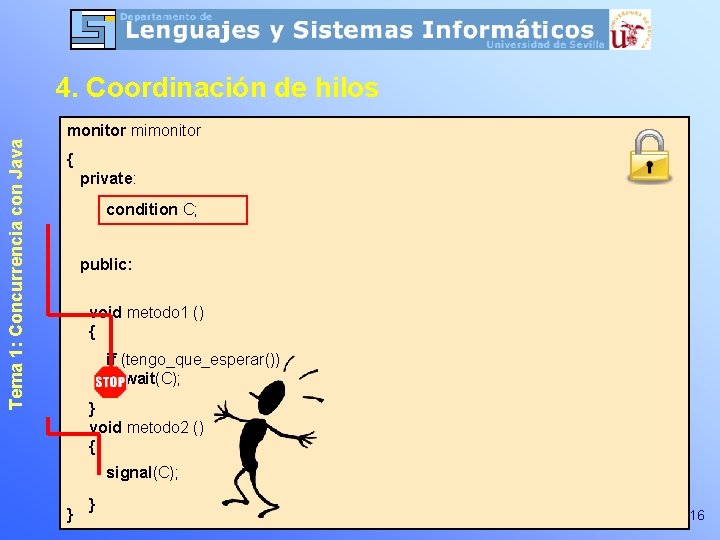 Tema 1: Concurrencia con Java 4. Coordinación de hilos monitor mimonitor { private: condition