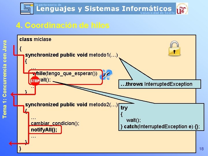 Tema 1: Concurrencia con Java 4. Coordinación de hilos class miclase { synchronized public