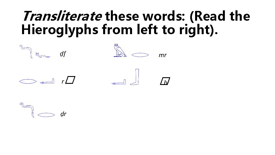 Transliterate these words: (Read the Hieroglyphs from left to right). ḏf mr r� �b