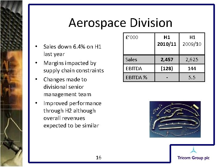 Aerospace Division • Sales down 6. 4% on H 1 last year • Margins