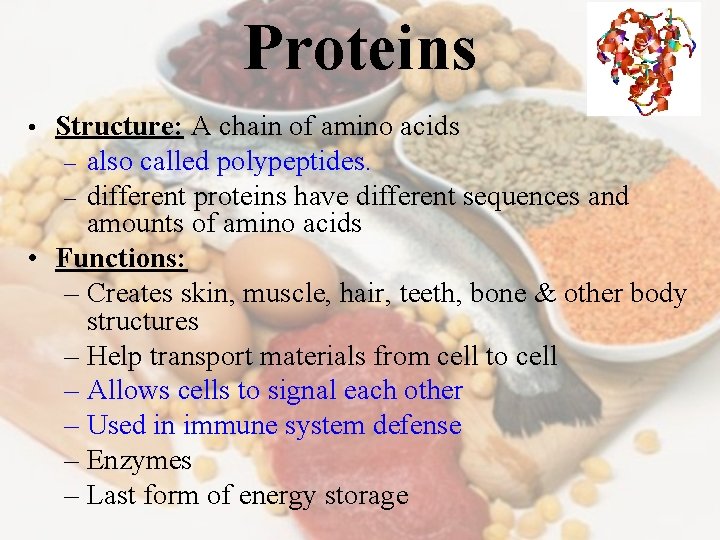 Proteins Structure: A chain of amino acids – also called polypeptides. – different proteins