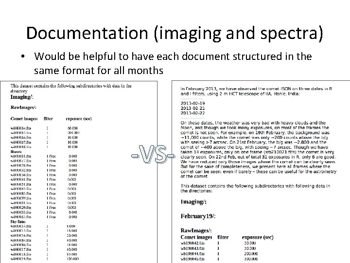 Documentation (imaging and spectra) • Would be helpful to have each document structured in