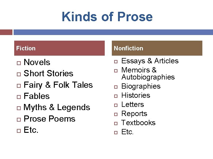 Kinds of Prose Fiction Novels Short Stories Fairy & Folk Tales Fables Myths &