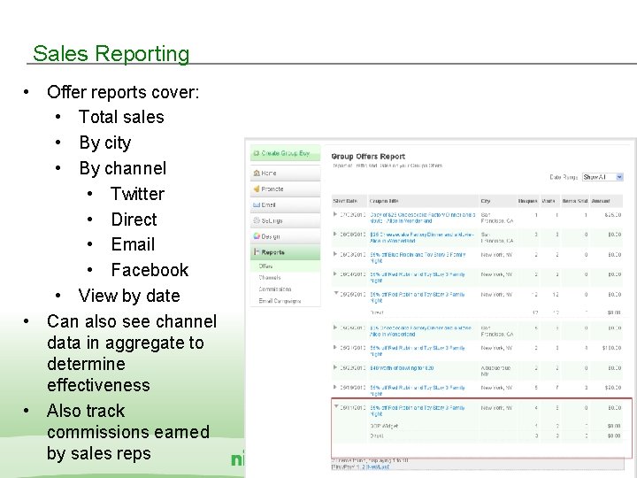 Sales Reporting • Offer reports cover: • Total sales • By city • By