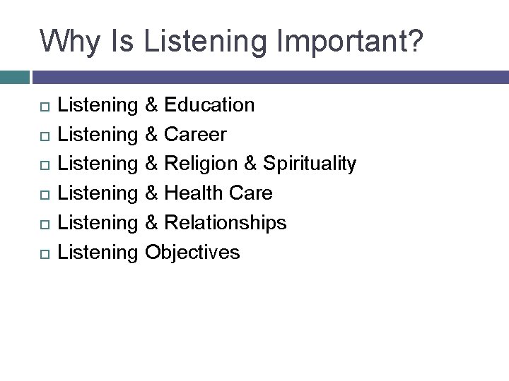 Why Is Listening Important? Listening & Education Listening & Career Listening & Religion &