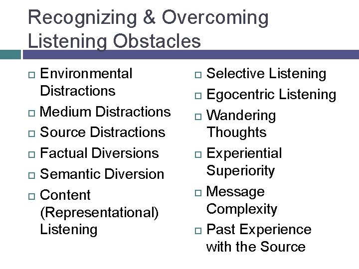 Recognizing & Overcoming Listening Obstacles Environmental Distractions Medium Distractions Source Distractions Factual Diversions Semantic