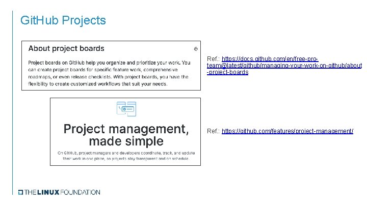 Git. Hub Projects Ref. : https: //docs. github. com/en/free-proteam@latest/github/managing-your-work-on-github/about -project-boards Ref. : https: //github.