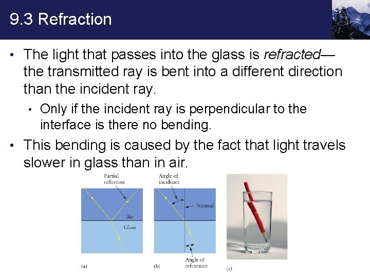 9. 3 Refraction • The light that passes into the glass is refracted— the