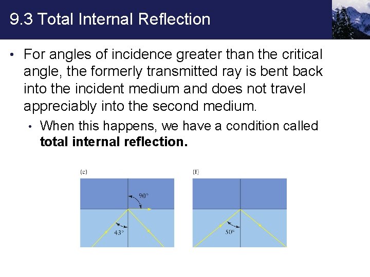 9. 3 Total Internal Reflection • For angles of incidence greater than the critical