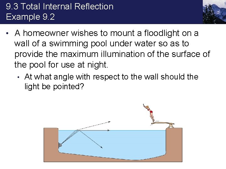 9. 3 Total Internal Reflection Example 9. 2 • A homeowner wishes to mount