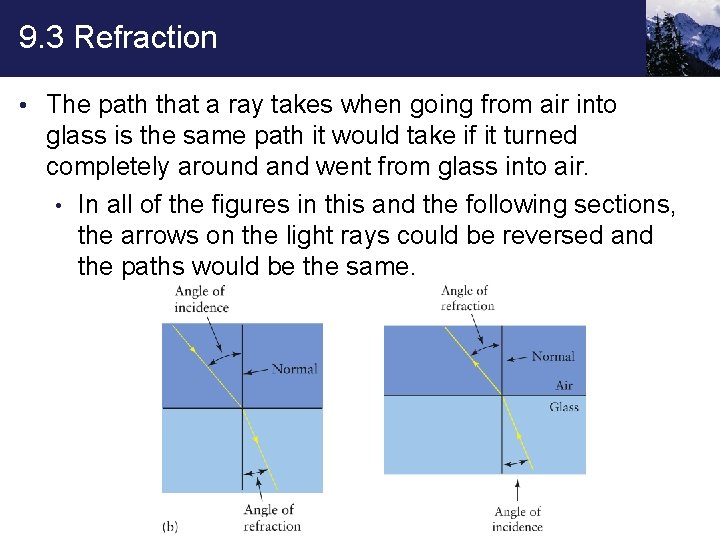 9. 3 Refraction • The path that a ray takes when going from air