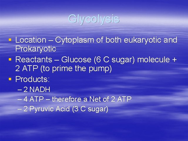 Glycolysis § Location – Cytoplasm of both eukaryotic and Prokaryotic § Reactants – Glucose
