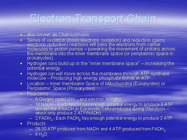 Electron Transport Chain § Also known as Chemiosmosis § Series of oxidation (loses electrons