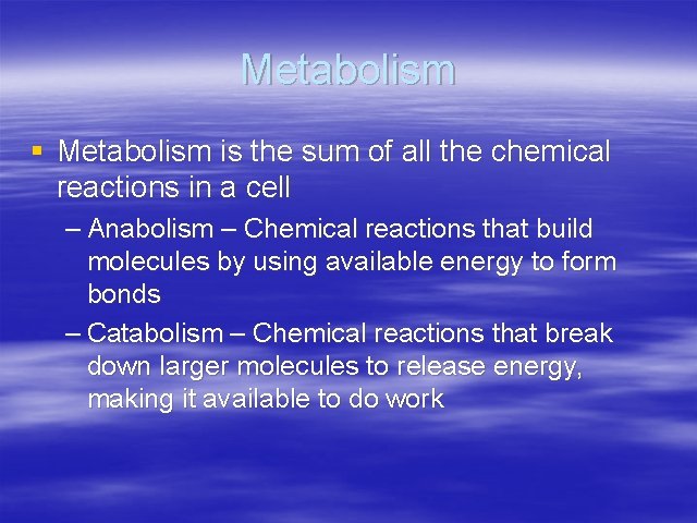Metabolism § Metabolism is the sum of all the chemical reactions in a cell