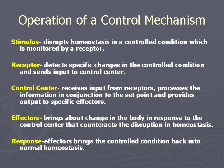 Operation of a Control Mechanism Stimulus- disrupts homeostasis in a controlled condition which is