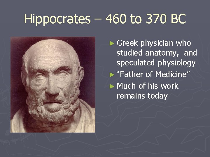 Hippocrates – 460 to 370 BC ► Greek physician who studied anatomy, and speculated