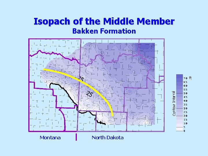 Isopach of the Middle Member Bakken Formation Contour Interval ft Montana North Dakota 