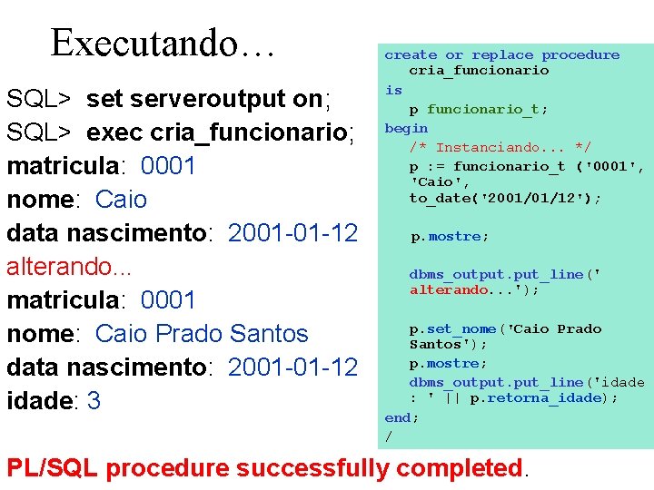 Executando… SQL> set serveroutput on; SQL> exec cria_funcionario; matricula: 0001 nome: Caio data nascimento: