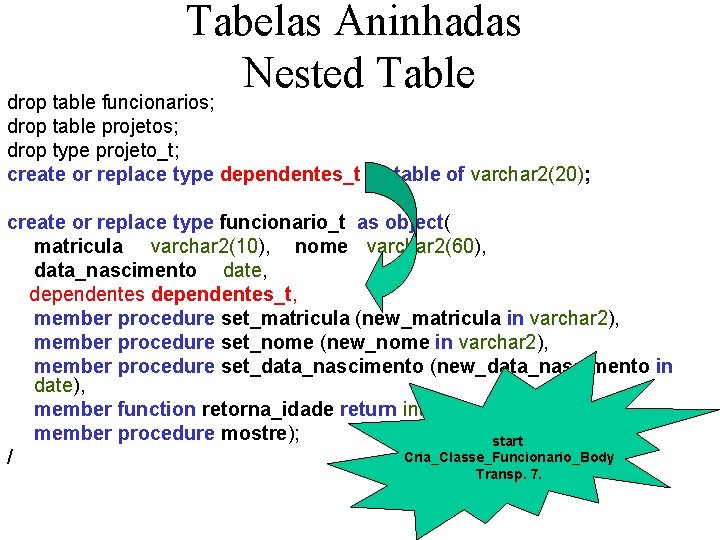 Tabelas Aninhadas Nested Table drop table funcionarios; drop table projetos; drop type projeto_t; create