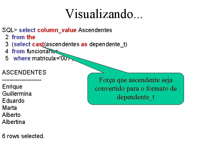Visualizando. . . SQL> select column_value Ascendentes 2 from the 3 (select cast(ascendentes as