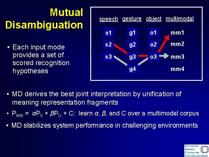 Mutual Disambiguation • Each input mode provides a set of scored recognition hypotheses speech