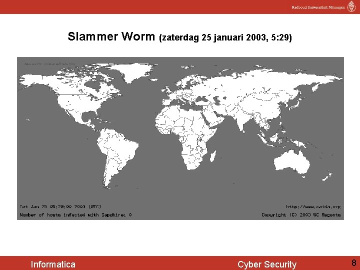 Slammer Worm (zaterdag 25 januari 2003, 5: 29) Informatica Cyber Security 8 