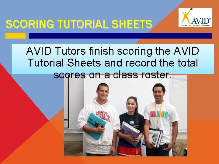 SCORING TUTORIAL SHEETS AVID Tutors finish scoring the AVID Tutorial Sheets and record the
