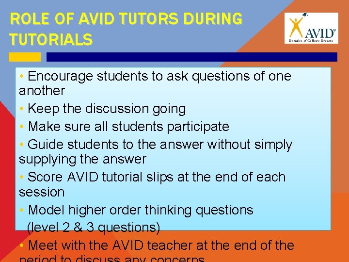 ROLE OF AVID TUTORS DURING TUTORIALS • Encourage students to ask questions of one