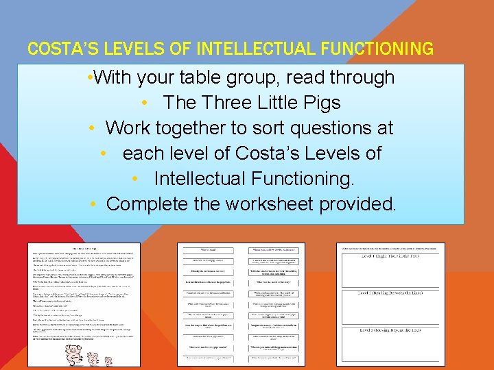 COSTA’S LEVELS OF INTELLECTUAL FUNCTIONING • With your table group, read through • The