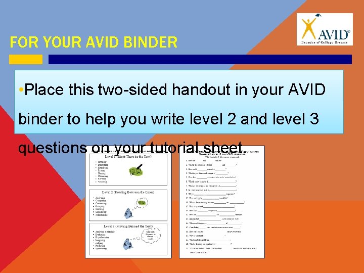 FOR YOUR AVID BINDER • Place this two-sided handout in your AVID binder to