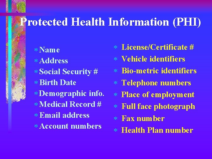 Protected Health Information (PHI) * Name * Address * Social Security # * Birth