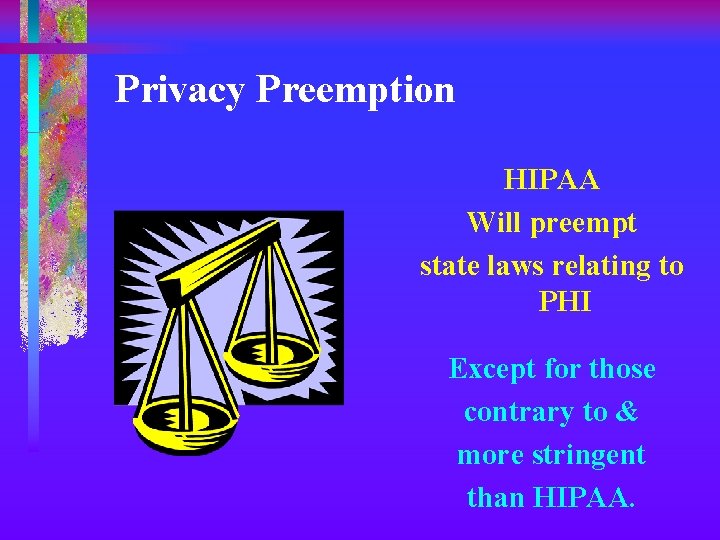 Privacy Preemption HIPAA Will preempt state laws relating to PHI Except for those contrary