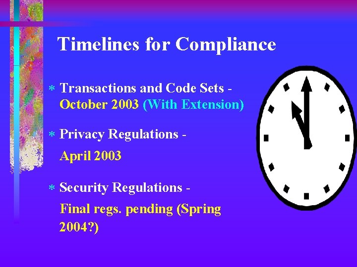Timelines for Compliance * Transactions and Code Sets October 2003 (With Extension) * Privacy