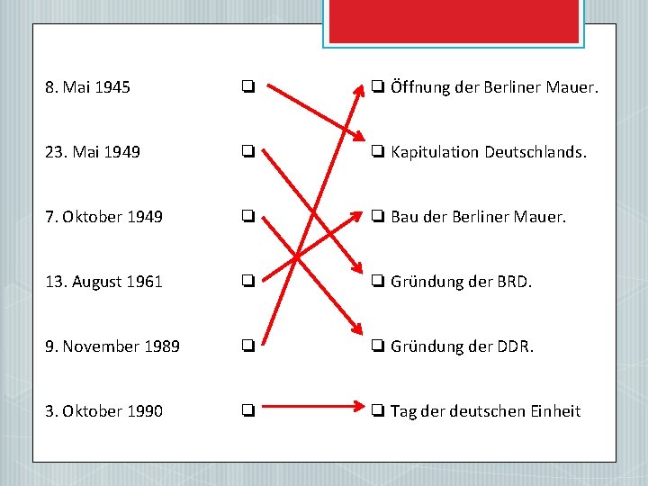 8. Mai 1945 ❏ ❏ Öffnung der Berliner Mauer. 23. Mai 1949 ❏ ❏