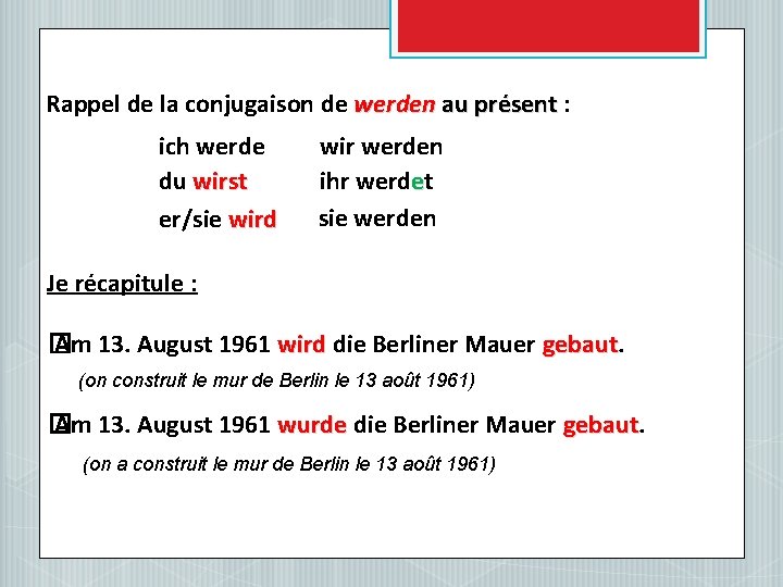 Rappel de la conjugaison de werden au présent : ich werde du wirst er/sie