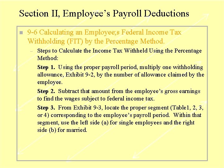 Section II, Employee’s Payroll Deductions n 9 -6 Calculating an Employee; s Federal Income