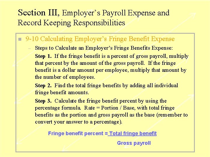 Section III, Employer’s Payroll Expense and Record Keeping Responsibilities n 9 -10 Calculating Employer’s