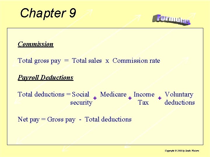 Chapter 9 Commission Total gross pay = Total sales x Commission rate Payroll Deductions