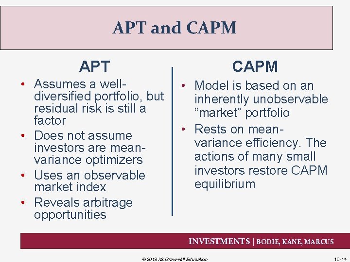 APT and CAPM APT CAPM • Assumes a welldiversified portfolio, but residual risk is