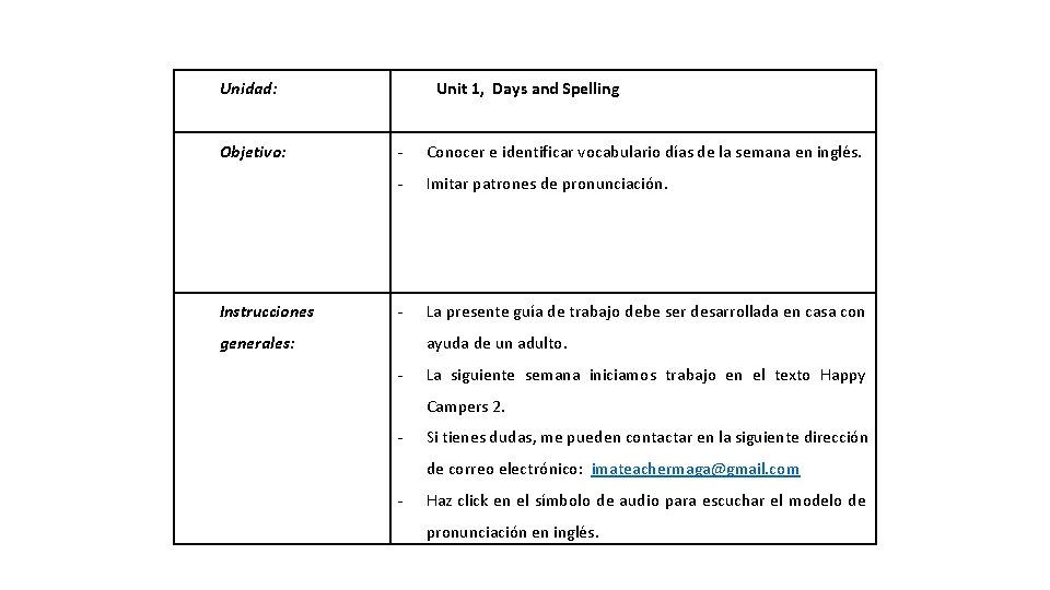 Unidad: Objetivo: Instrucciones Unit 1, Days and Spelling - Conocer e identificar vocabulario días