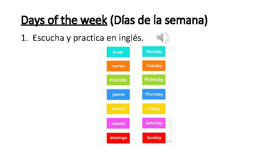 Days of the week (Días de la semana) 1. Escucha y practica en inglés.