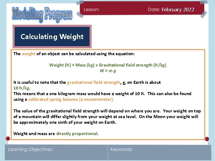 February 2022 Calculating Weight The weight of an object can be calculated using the