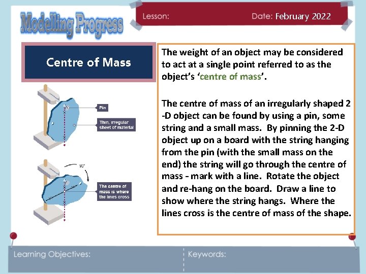 February 2022 Centre of Mass The weight of an object may be considered to